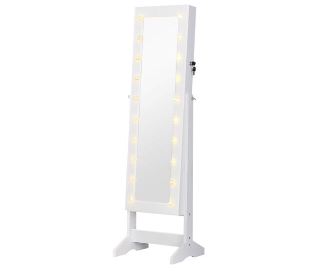 Homcom espejo joyero con 20 luces led armario joyero reclinable con guardajoyas anillos pendientes collares cerradura y llaves 40x37x146 cm blanco