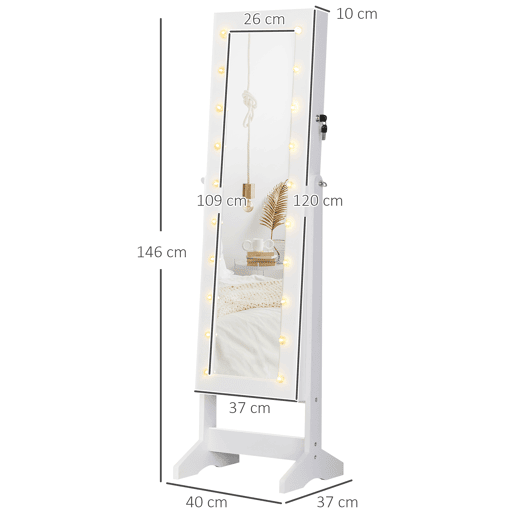 HOMCOM Armário para Joias 20 Luzes de LED Reclinável Fechadura Madeira 40x37x146cm Branco