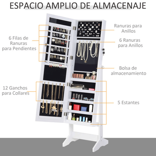 HOMCOM Armário para Joias 20 Luzes de LED Reclinável Fechadura Madeira 40x37x146cm Branco