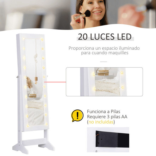 HOMCOM Armário para Joias 20 Luzes de LED Reclinável Fechadura Madeira 40x37x146cm Branco