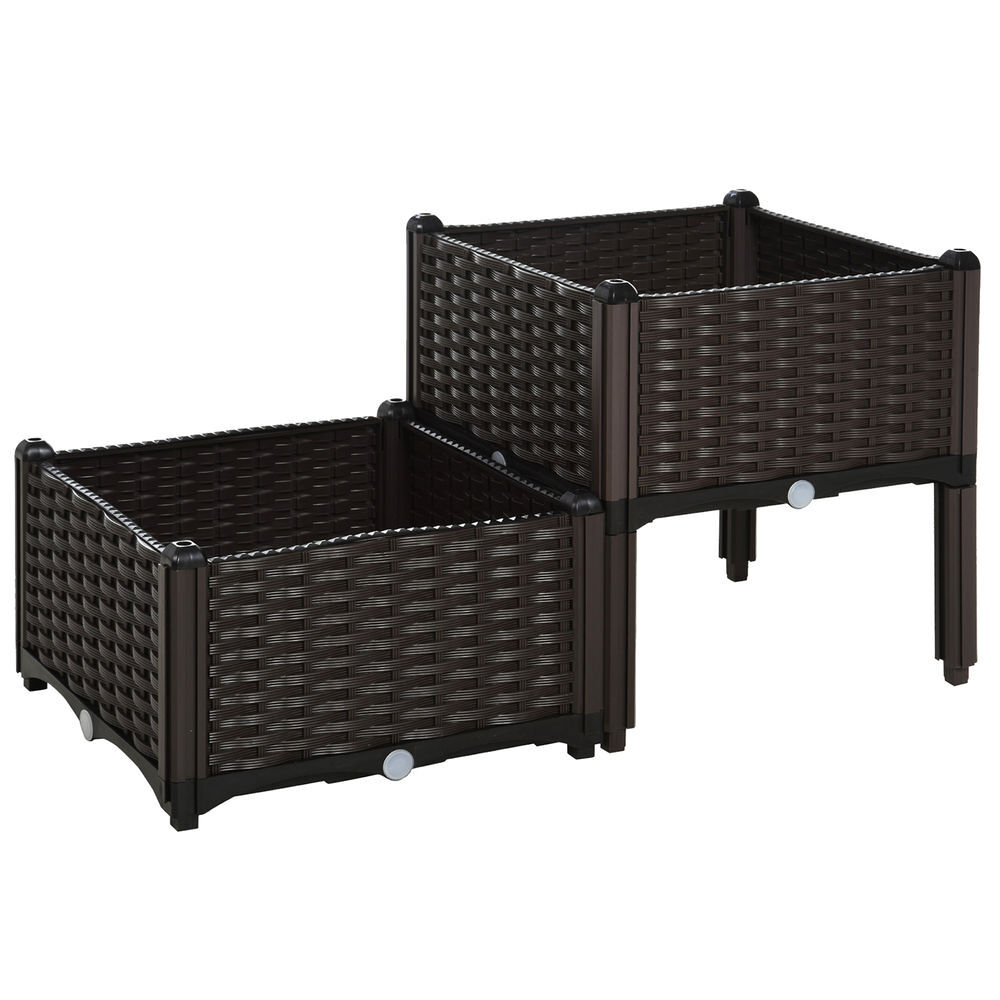 Outsunny juego de 2 jardineras de exterior jardineras cuadradas imitación a mimbre combinación libre maceteros para jardín patio 40x40x26/44 cm marrón