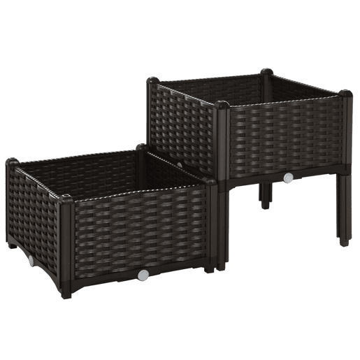 Outsunny Conjunto de 2 Floreiras Quadradas Floreiras para Flores e Vegetais com Orifícios de Drenagem e Pés Altos 40x40x26-44cm Marrom