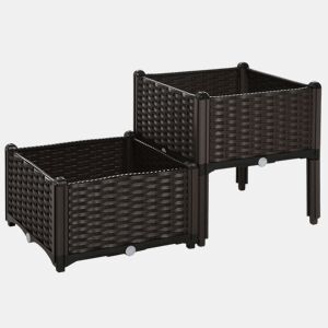 Outsunny Conjunto de 2 Floreiras Quadradas Floreiras para Flores e Vegetais com Orifícios de Drenagem e Pés Altos 40x40x26-44cm Marrom