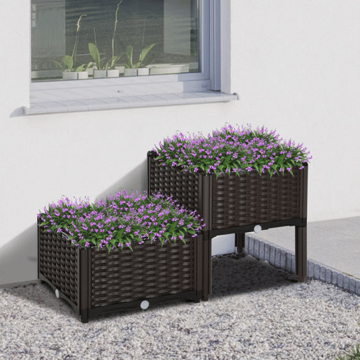 Outsunny Conjunto de 2 Floreiras Quadradas Floreiras para Flores e Vegetais com Orifícios de Drenagem e Pés Altos 40x40x26-44cm Marrom