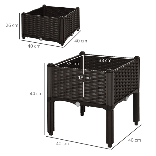 Outsunny Conjunto de 2 Floreiras Quadradas Floreiras para Flores e Vegetais com Orifícios de Drenagem e Pés Altos 40x40x26-44cm Marrom