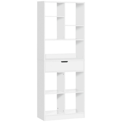 HOMCOM Estante de Madeira Estante para Livros com 1 Gaveta e 9 Compartimentos de Armazenamento Livraria para Sala de Estar Escritório Estúdio 60x26x158cm Branco