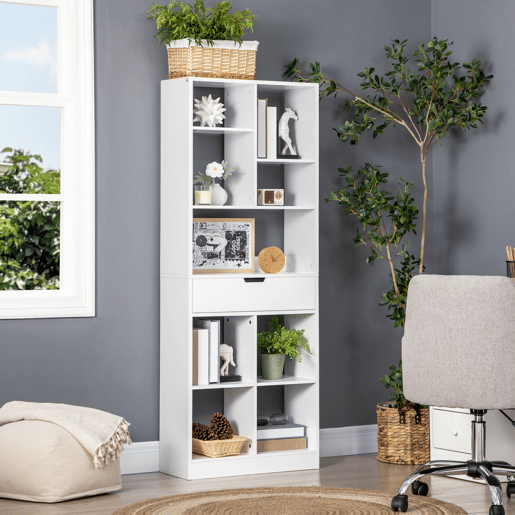 HOMCOM Estante de Madeira Estante para Livros com 1 Gaveta e 9 Compartimentos de Armazenamento Livraria para Sala de Estar Escritório Estúdio 60x26x158cm Branco
