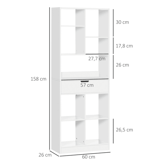 HOMCOM Estante de Madeira Estante para Livros com 1 Gaveta e 9 Compartimentos de Armazenamento Livraria para Sala de Estar Escritório Estúdio 60x26x158cm Branco