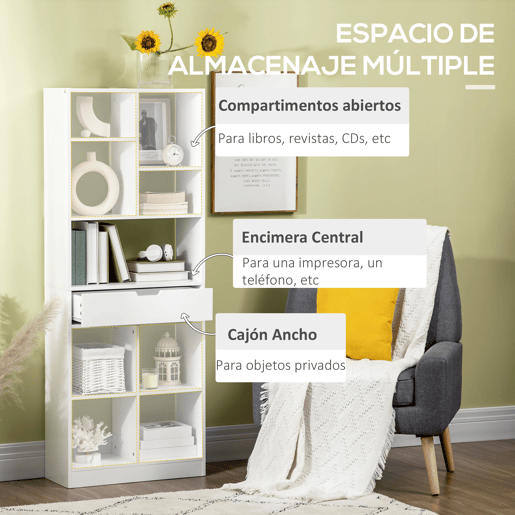 HOMCOM Estante de Madeira Estante para Livros com 1 Gaveta e 9 Compartimentos de Armazenamento Livraria para Sala de Estar Escritório Estúdio 60x26x158cm Branco