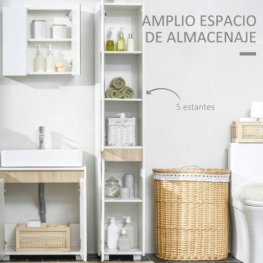 kleankin Coluna Casa de Banho Armário Auxiliar Casa de Banho de 5 Níveis com Prateleiras Ajustáveis Armário Multiusos para Duches Casa de Banho 30x33x165cm Branco