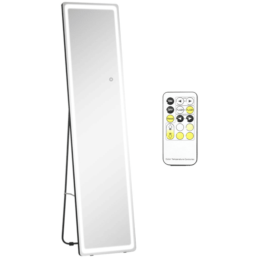 HOMCOM Espelho de Pé de Corpo Inteiro Espelho de Pé com Luzes LED Controlo Remoto 3 Cores de Luzes Ajustável Brilho Ajustável e Estrutura de Alumínio 40x51x156,5cm Prata e Preto