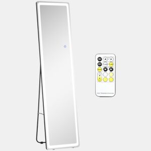 HOMCOM Espelho de Pé de Corpo Inteiro Espelho de Pé com Luzes LED Controlo Remoto 3 Cores de Luzes Ajustável Brilho Ajustável e Estrutura de Alumínio 40x51x156,5cm Prata e Preto