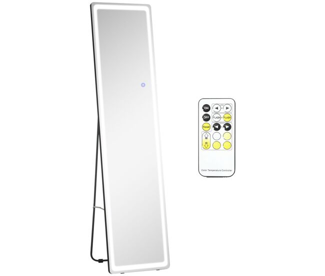 Homcom espejo de pared de cuerpo entero espejo de pie de suelo con luces led mando a distancia 3 colores de luz ajustable brillo ajustable y marco de aluminio 40x37x157,5 cm plata y negro