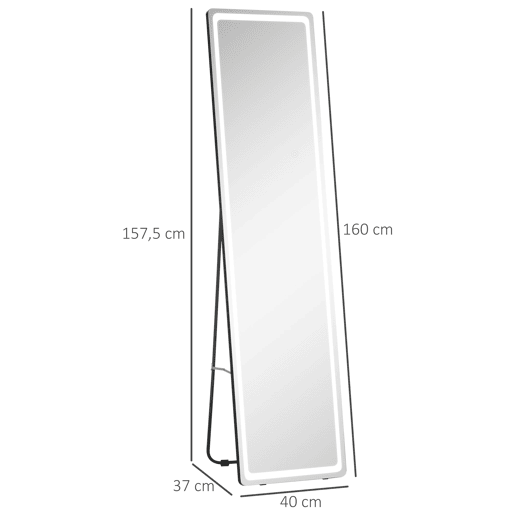HOMCOM Espelho de Pé de Corpo Inteiro Espelho de Pé com Luzes LED Controlo Remoto 3 Cores de Luzes Ajustável Brilho Ajustável e Estrutura de Alumínio 40x51x156,5cm Prata e Preto