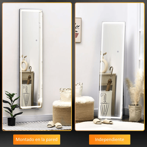 HOMCOM Espelho de Pé de Corpo Inteiro Espelho de Pé com Luzes LED Controlo Remoto 3 Cores de Luzes Ajustável Brilho Ajustável e Estrutura de Alumínio 40x51x156,5cm Prata e Preto