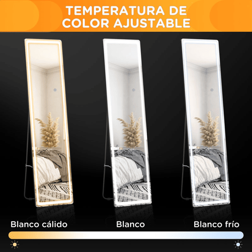 HOMCOM Espelho de Pé de Corpo Inteiro Espelho de Pé com Luzes LED Controlo Remoto 3 Cores de Luzes Ajustável Brilho Ajustável e Estrutura de Alumínio 40x51x156,5cm Prata e Preto