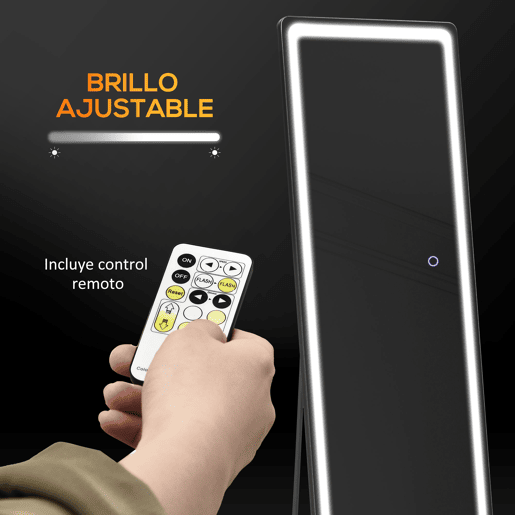 HOMCOM Espelho de Pé de Corpo Inteiro Espelho de Pé com Luzes LED Controlo Remoto 3 Cores de Luzes Ajustável Brilho Ajustável e Estrutura de Alumínio 40x51x156,5cm Prata e Preto