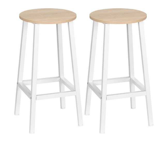 Homcom juego de 2 taburetes altos de cocina altura 65 cm taburetes de bar sillas de bar con patas de acero y reposapiés para salón comedor bar carga 75 kg madera natural y blanco
