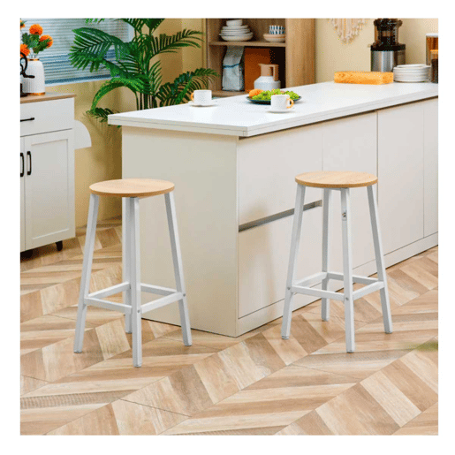 HOMCOM Conjunto de 2 Bancos Altos de Cozinha Bancos de Bar com Pés de Aço e Apoio para os Pés para Sala de Estar Sala de Jantar Carga 75kg 32,5x32,5x65cm Madeira e Branco