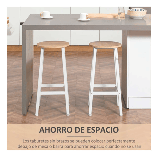 HOMCOM Conjunto de 2 Bancos Altos de Cozinha Bancos de Bar com Pés de Aço e Apoio para os Pés para Sala de Estar Sala de Jantar Carga 75kg 32,5x32,5x65cm Madeira e Branco