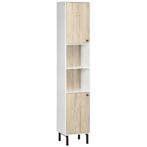 kleankin Coluna Casa de Banho Armário Alto Auxiliar de Casa de Banho com 2 Portas e 6 Prateleiras para Duche Estilo Moderno 31,5x30x169 cm Branco e Carvalho