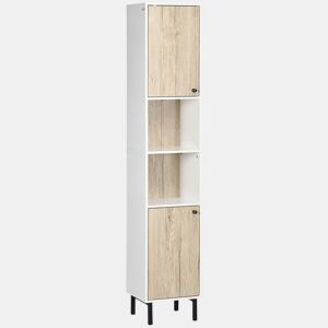 kleankin Coluna Casa de Banho Armário Alto Auxiliar de Casa de Banho com 2 Portas e 6 Prateleiras para Duche Estilo Moderno 31,5x30x169 cm Branco e Carvalho