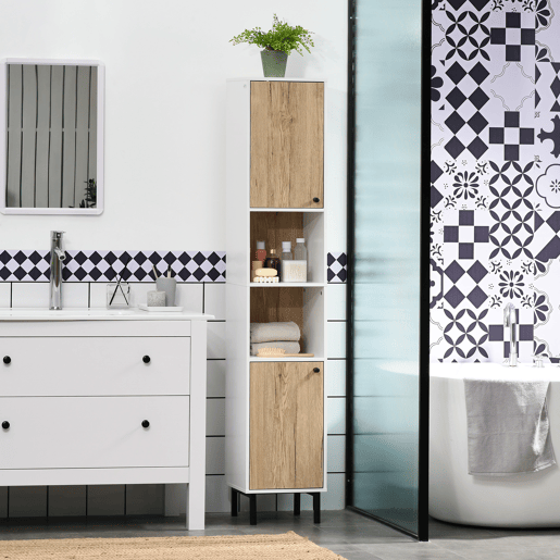 kleankin Coluna Casa de Banho Armário Alto Auxiliar de Casa de Banho com 2 Portas e 6 Prateleiras para Duche Estilo Moderno 31,5x30x169 cm Branco e Carvalho