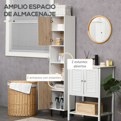 kleankin Coluna Casa de Banho Armário Alto Auxiliar de Casa de Banho com 2 Portas e 6 Prateleiras para Duche Estilo Moderno 31,5x30x169 cm Branco e Carvalho