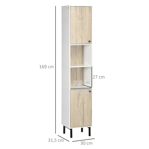 kleankin Coluna Casa de Banho Armário Alto Auxiliar de Casa de Banho com 2 Portas e 6 Prateleiras para Duche Estilo Moderno 31,5x30x169 cm Branco e Carvalho