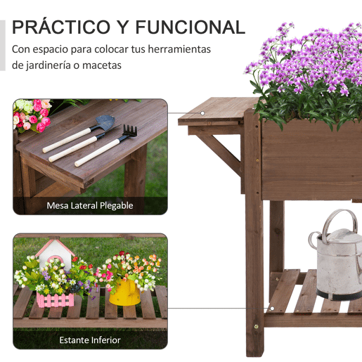 Outsunny Horta Vertical com Prateleira Horta Elevada de Madeira Maciça para Cultivo de Flores Verduras Ervas 123x54x74cm Marrom