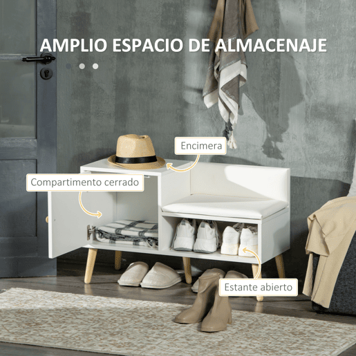 HOMCOM Banco Sapateira com Compartimento Aberto e Almofada Acolchoada para 4 Pares de Sapatos para Entrada Corredor 80x33x49cm Branco