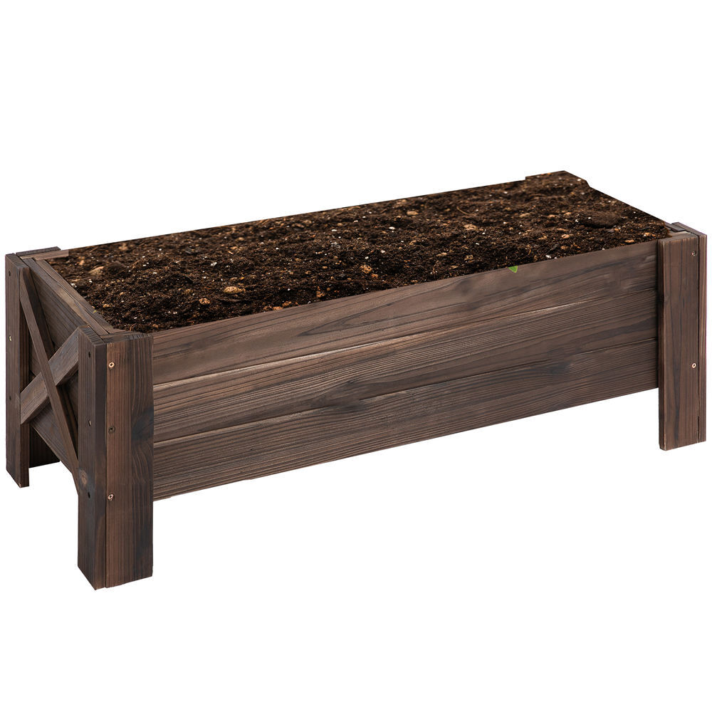Outsunny huerto urbano jardinera de madera jardinera rectangular con patas elevadas y 2 drenajes para flores plantas cultivos 100x36,5x36 cm marrón