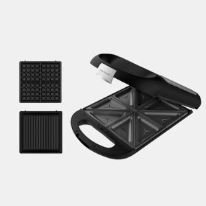 Cecotec Sanduicheira de 4 sanduíches com acabamentos em aço inoxidável, 1500 W de potência, 3 placas intercambiáveis e revestimento antiaderente.