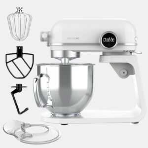 Cecotec Batedeira amassadeira de alumínio fundido e motor DC de 800 W, seletor digital com 8 velocidades e taça em aço inoxidável de 5,2 L. Inclui um globo, uma pá plana e um gancho amassador.