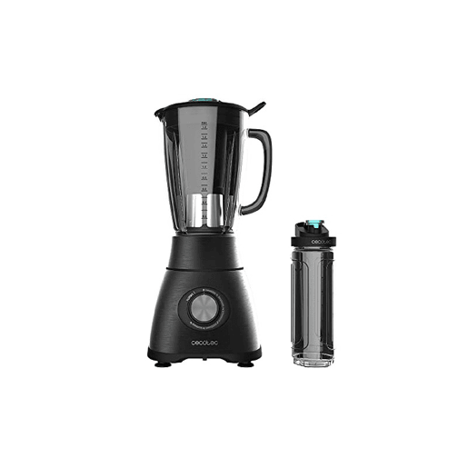 Cecotec Liquidificador americano de copo de 2500 W com lâmina de 6 folhas com revestimento de titânio preto, jarro termorresistente de 1,8 l e garrafa portátil.