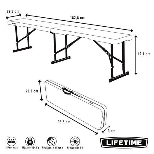 Banco plegable ultrarresistente 454 kg LIFETIME 183x29x42 cm UV100