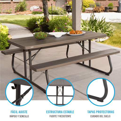 Mesa con bancos plegable ultrarresistente marrón LIFETIME 183x76x74 cm UV100