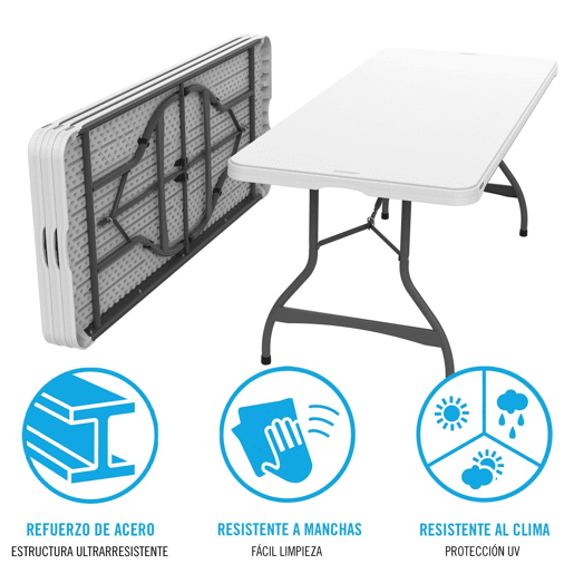 Mesa rectangular patas plegables blanco efecto granito LIFETIME 182 x 76 x 73,5 cm Mesa rectangular patas plegables blanco efecto granito LIFETIME 182 x 76 x 73,5 cm