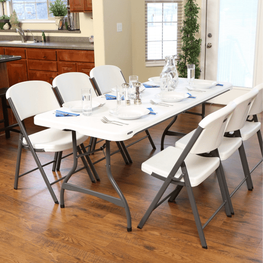Mesa rectangular patas plegables blanco efecto granito LIFETIME 182 x 76 x 73,5 cm Mesa rectangular patas plegables blanco efecto granito LIFETIME 182 x 76 x 73,5 cm