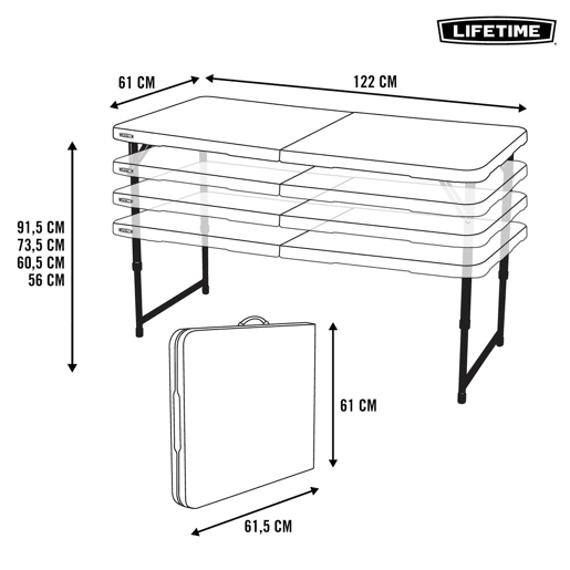 Mesa plegable ajustable en altura blanco LIFETIME 122 x 61 x 56-91 cm Mesa plegable ajustable en altura blanco LIFETIME 122 x 61 x 56-91 cm