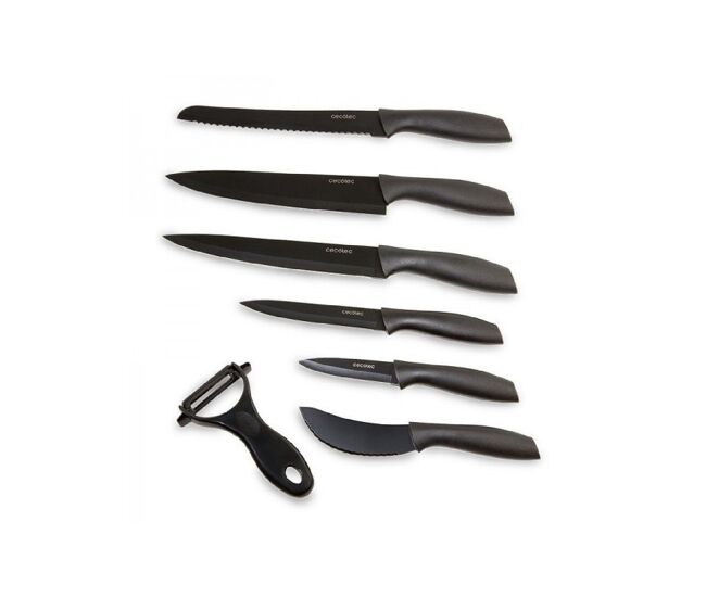Cecotec juego de 7 cuchillos profesionales cuchillos titanium. acero inoxidable, recubrimiento cerámico, hoja de 2mm de grosor