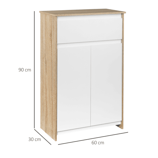 HOMCOM Móvel Auxiliar Casa de Banho com 1 Gaveta e 2 Portas Armário Casa de Banho de Estilo Moderno Anti-Tombo 60x30x90cm Branco e Madeira