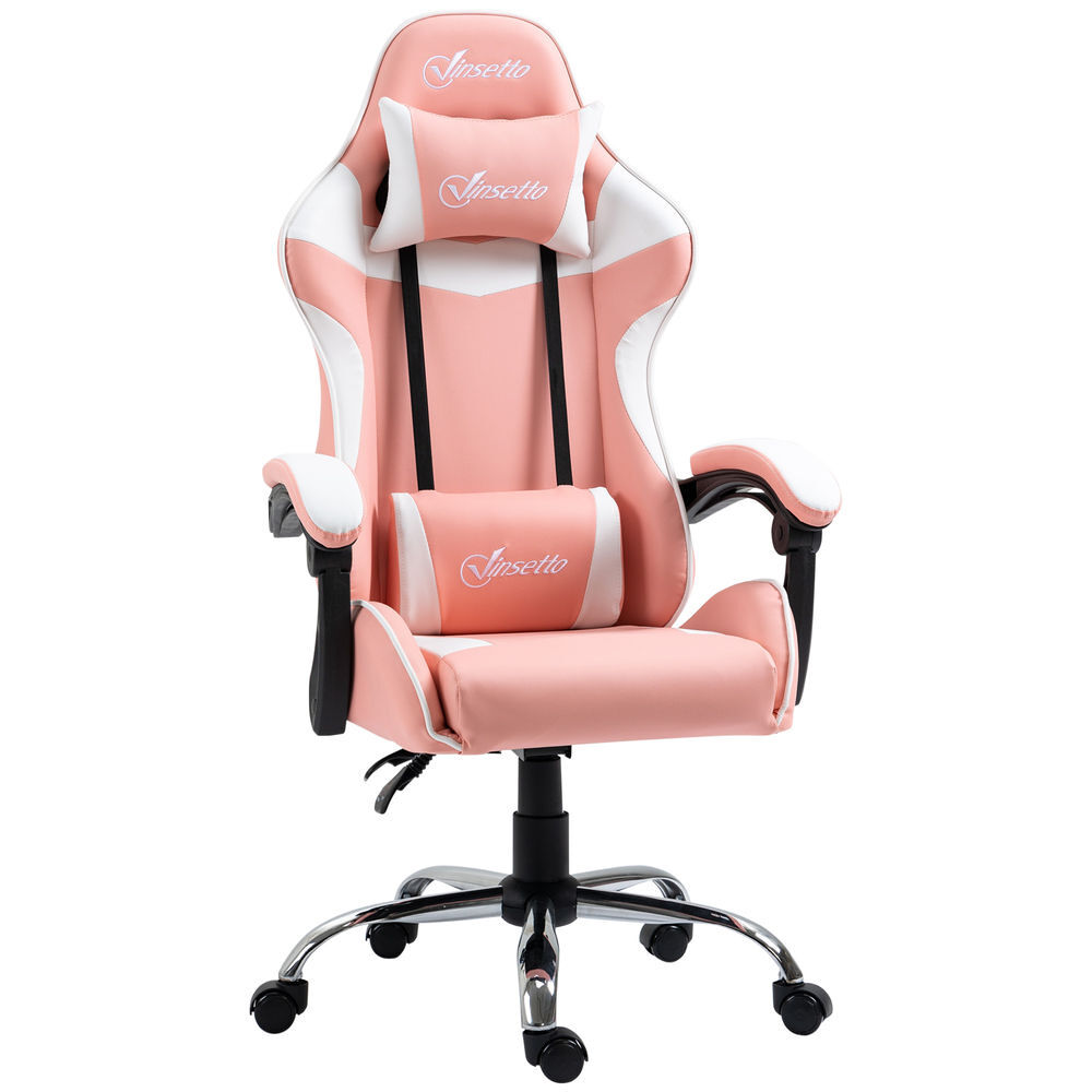 Vinsetto silla gaming silla gamer racing giratoria con altura ajustable reclinable de 135° reposacabezas y cojín lumbar para oficina estudio 63x67x122-130 cm rosa