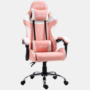 Vinsetto Cadeira Gaming Ergonômica Cadeira para Videojogos Reclinável com Altura Ajustável Apoio para a Cabeça e Almofada Lombar 63x67x122-130cm Rosa e Branco