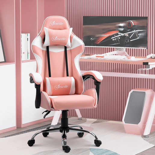 Vinsetto Cadeira Gaming Ergonômica Cadeira para Videojogos Reclinável com Altura Ajustável Apoio para a Cabeça e Almofada Lombar 63x67x122-130cm Rosa e Branco