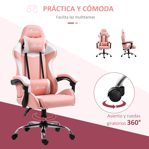 Vinsetto Cadeira Gaming Ergonômica Cadeira para Videojogos Reclinável com Altura Ajustável Apoio para a Cabeça e Almofada Lombar 63x67x122-130cm Rosa e Branco