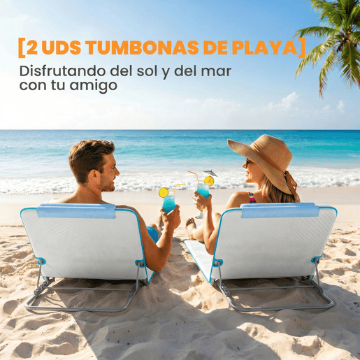 Outsunny Conjunto de 2 Esteiras de Praia com Encosto Reclinável em 5 Níveis Bolsa de Transporte e Apoio de Cabeça 48x134x33-43 cm Branco Creme