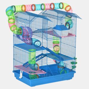 PawHut Gaiola de hamster Habitat de pequenos animais com várias plataformas, sistema de tubos 47x30x59 cm azul