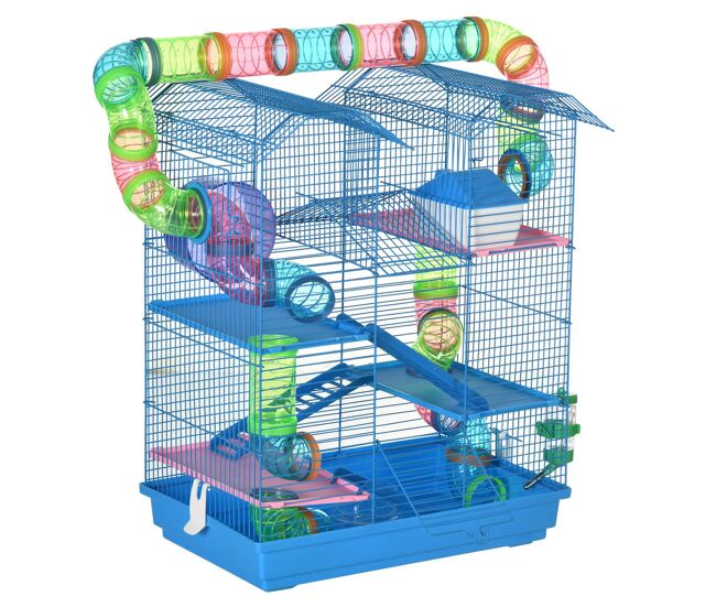 Pawhut jaula para hámster de 5 niveles, 47x30x59 cm, casa para animales pequeños con túnel, comedero, bebedero, casita, rueda de ejercicio, escaleras, para roborowski, jerbos, azul