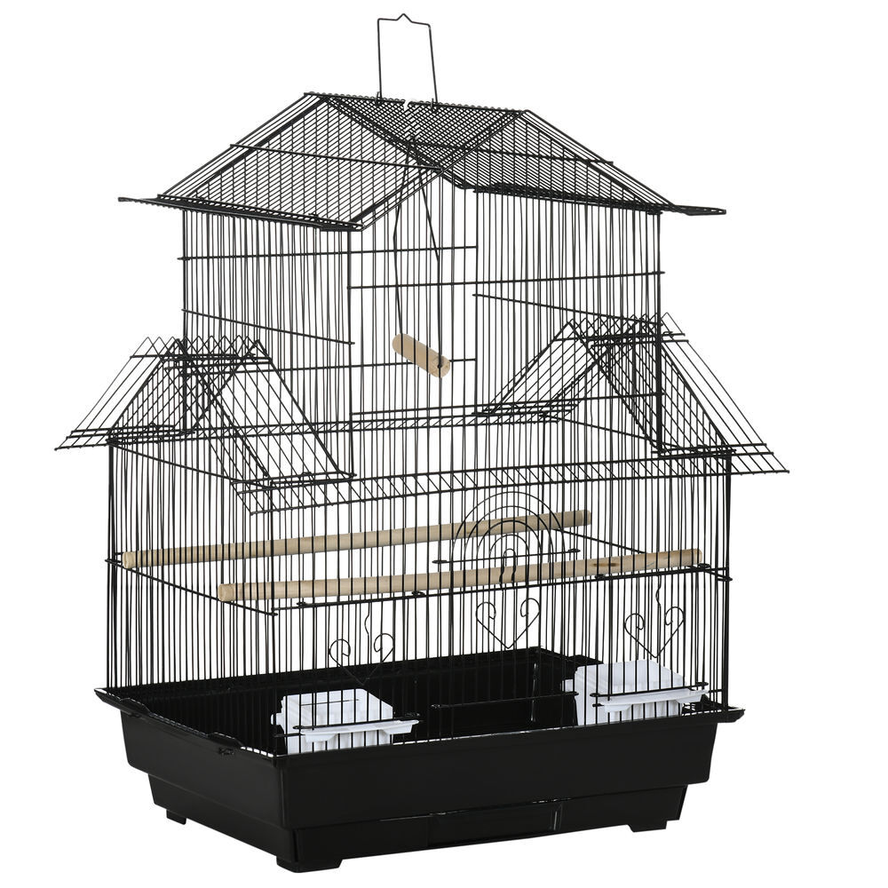 Pawhut jaula para pájaros de acero pajarera con comederos perchas columpio y bandeja extraíble jaula grande para loros canario periquito 50,5x41x63 cm negro